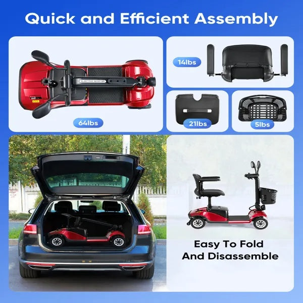 Electric Mobility Scooter With Light And Basket - Compact 4-Wheel Travel Wheelchair For Easy Mobility