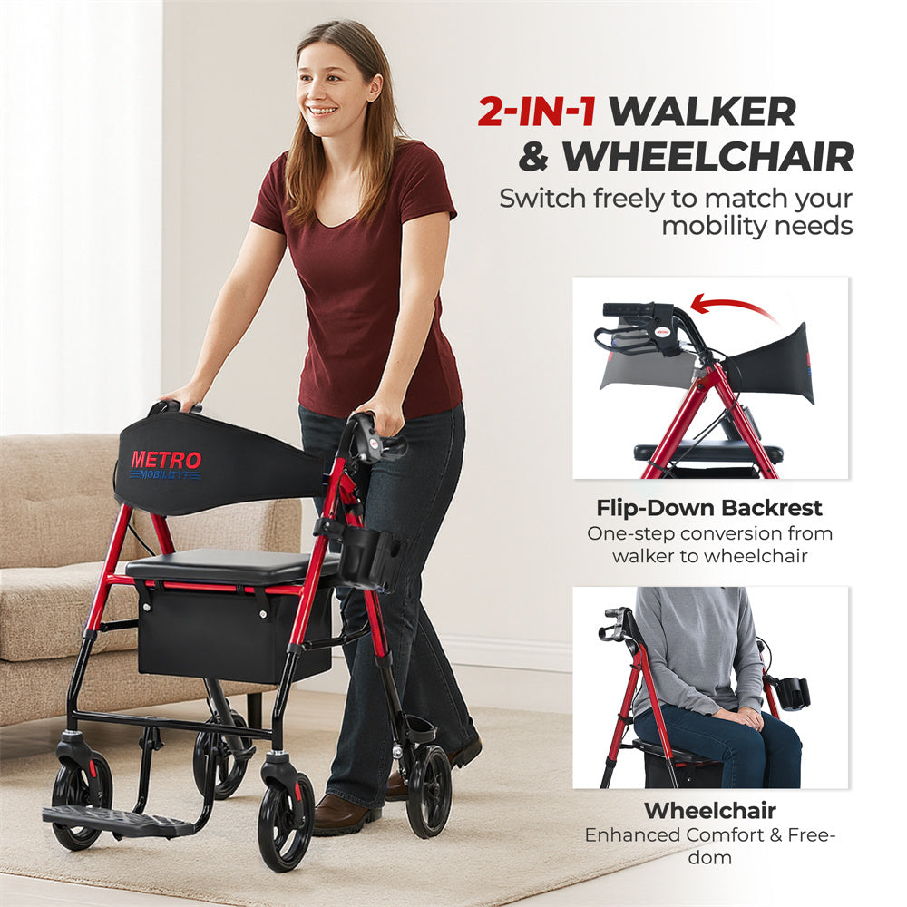 2in1 Foldable Mobility Aid Rollator Wheelchair Converter With Footrest
